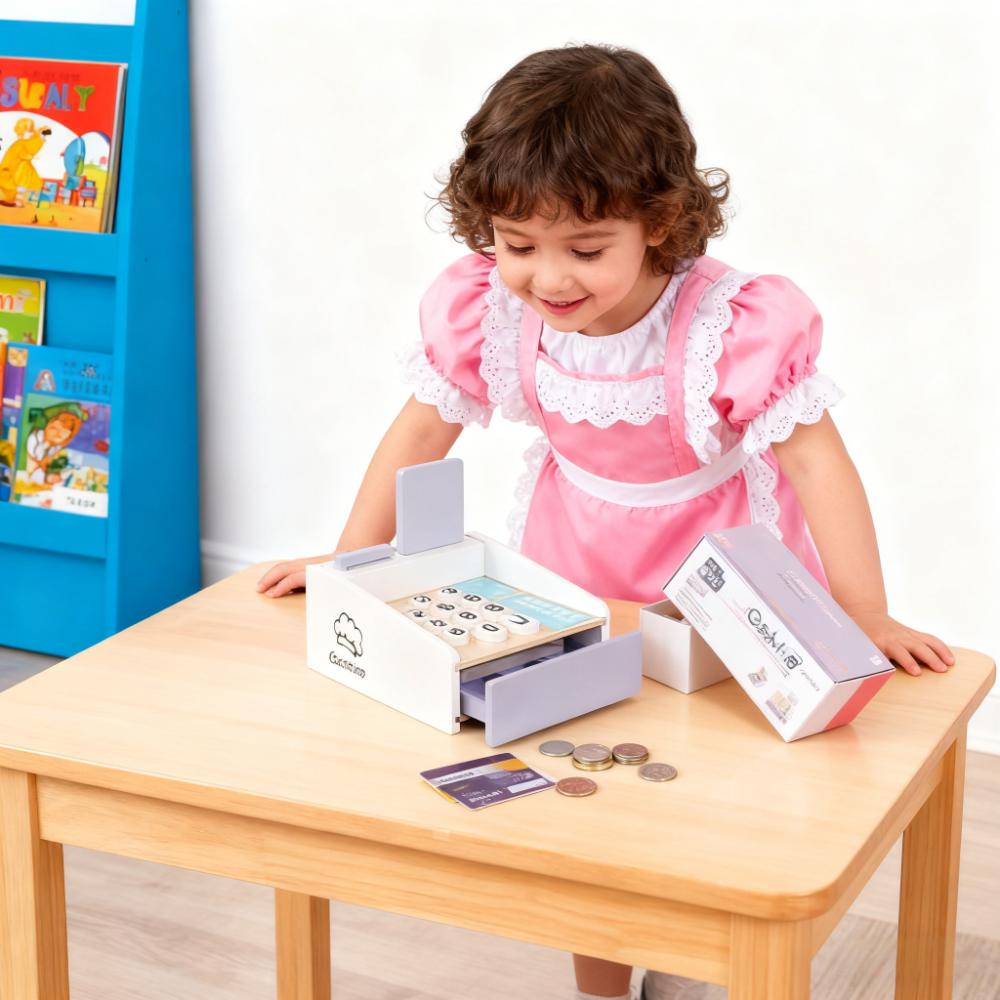 Toy Cash Register - Ahşap Çocuklar İçin Kasa Oyun Seti,